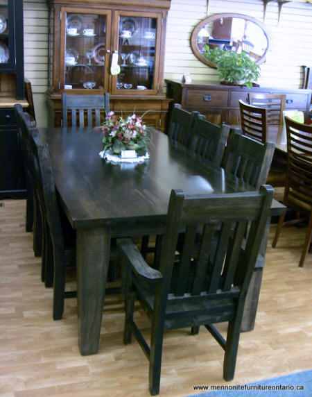 Wormy Maple dining room table, Wormy Maple table with Wormy Maple Slat back chairs, Lloyd's Mennonite Furniture Bradford Ontario.
