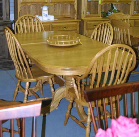 Mennonite oak pedestal table, chairs, and Lazy Susan, Lloyd's Furniture Bradford and our new store in Schomberg Ontario.