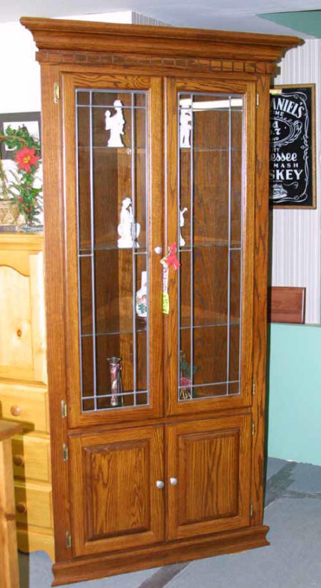 Corner china cabinet, oak corner china cabinet, handcrafted Mennonite oak corner china cabinet, Lloyd's Furniture Bradford and our new store in Schomberg Ontario.
