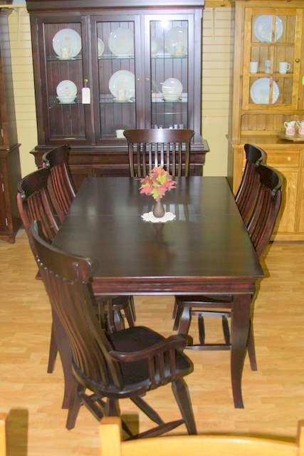 Phillippe table set 42 x 72 with 2 12 inch leaves, maple, shown with new Phillippe chair, available in various stains.