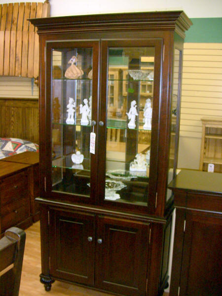 Maple Canadiana curio cabinet, Mennonite 2 door Canadiana curio cabinet, Lloyd's Mennonite Furniture Bradford Ontario.