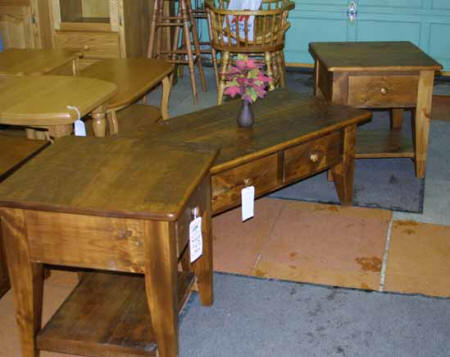Pine board end tables, rustic pine board end tables, handcrafted Mennonite pine board end tables, Lloyd's Furniture Bradford and our new store in Schomberg Ontario.
