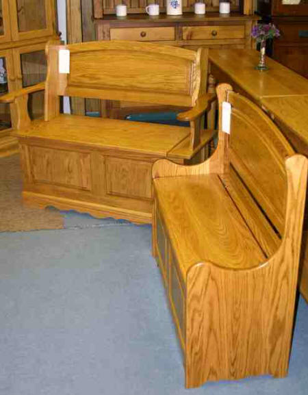 Oak Deacons benches, raised panel oak Deacons bench in 42 inch and 32 inch widths, Lloyd's Furniture Bradford and our new store in Schomberg Ontario.