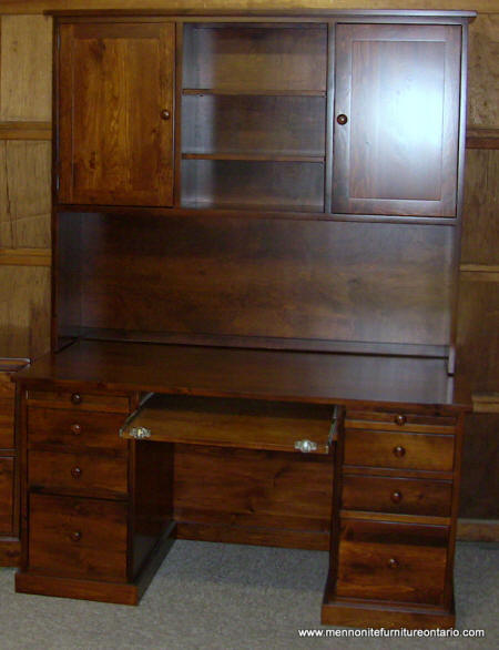 Double Pedestal Desk, solid pine, with hutch, Handcrafted Mennonite double pedestal desk with hutch, Lloyd's Mennonite Furniture Bradford Ontario.