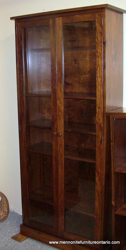 Tall pine book shelves, Mennonite handcrafted pine book shelves with glass doors, Lloyd's Mennonite Furniture Bradford Ontario.